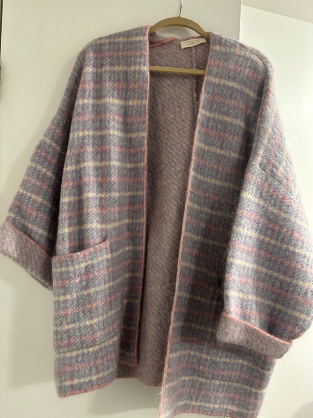 Sezane Pastel Plaid Open-Front Cardigan in Pink and Lavender (Oscar Jacket)
